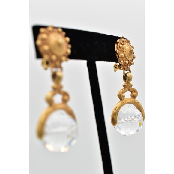 DKNY Vintage Crystal Ball Clip Earrings Antiqued Brushed Gold Signed 1980s BinW - Picture 5 of 12